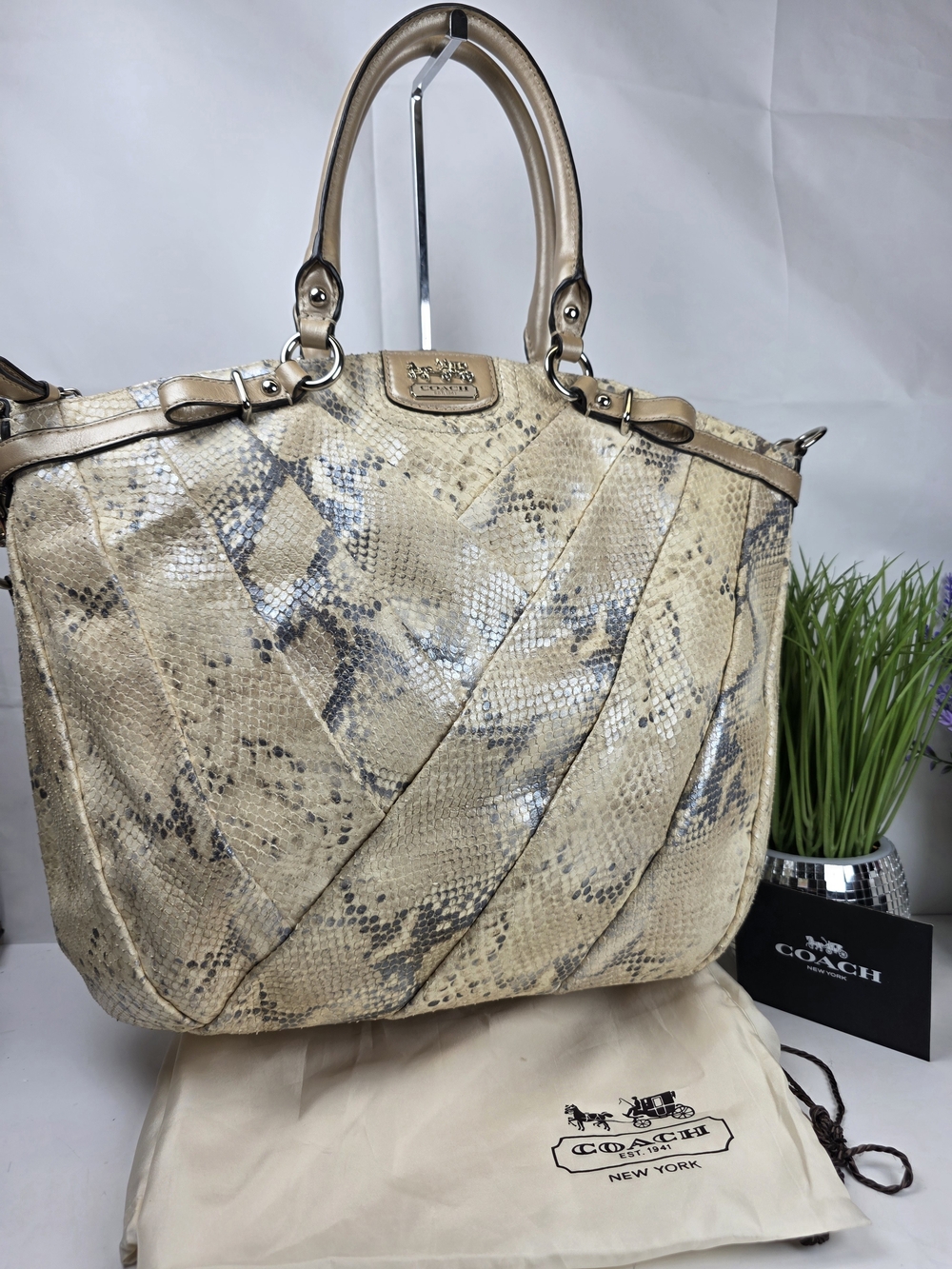 Coach Madison Diagonal Pleated Metallic Exotic Lindsey Satchel Shoulder Bag Ivor